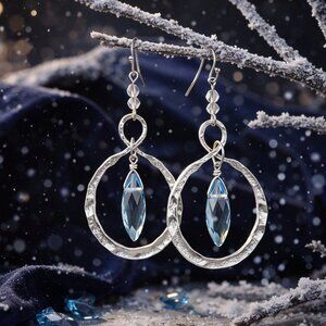 Boho Chic Hammered Silver & Blue Crystal Dangle Earrings Trendy Statement